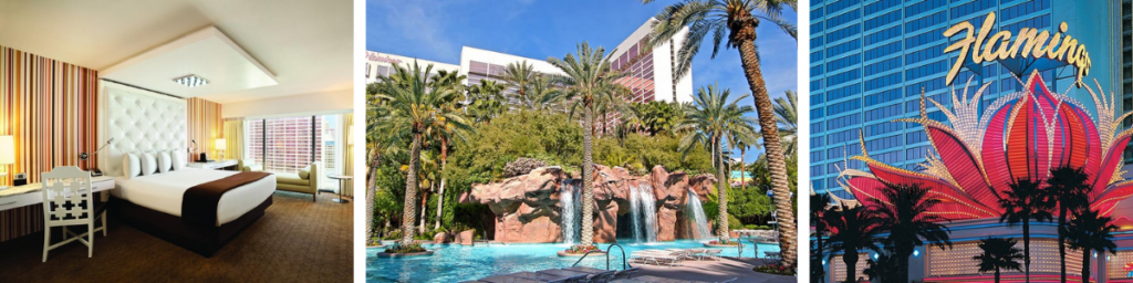 A collage of pictures of The Flamingo in Las vegas. It showcases a picture of the exterior, a room picture and a picture of the pool with a cascading waterfall.