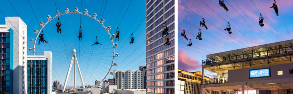 A collage of photos of the Fly LinQ zip line during the day and at sunset. 