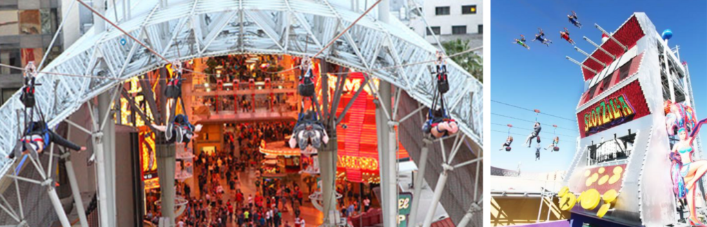 A collage of photos of the SlotZilla zip line located on Fremont Street, Las Vegas.