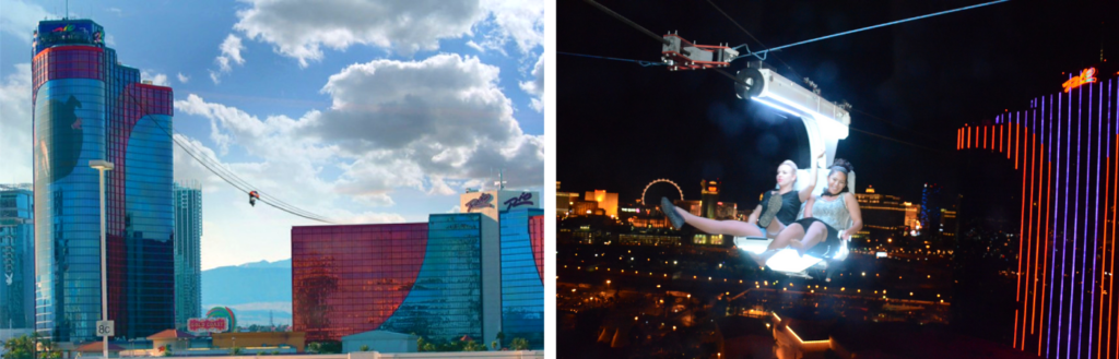 A collage of photos of the Rio Zipline zip line in motion, speeding between the hotel buildings. 