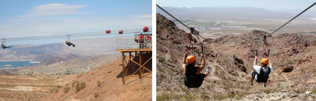 A collage of photos of FlightLines zip line cruising over the stunning national park that lies below.