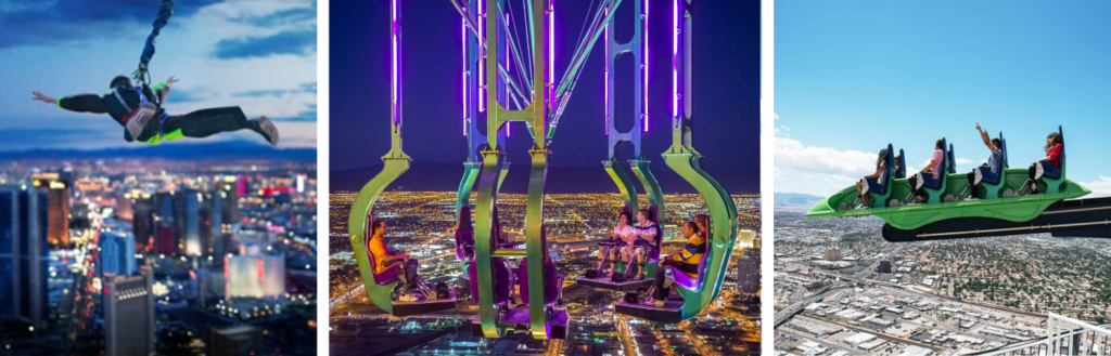 A collage of photos of the rides that reside on the top of the Strat in Las Vegas