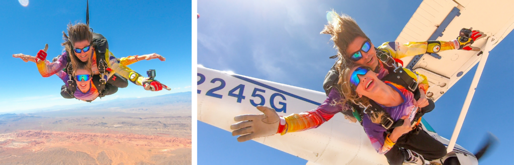 Two photos of people sky diving over the Valley of Fire in Las Vegas, Nevada
