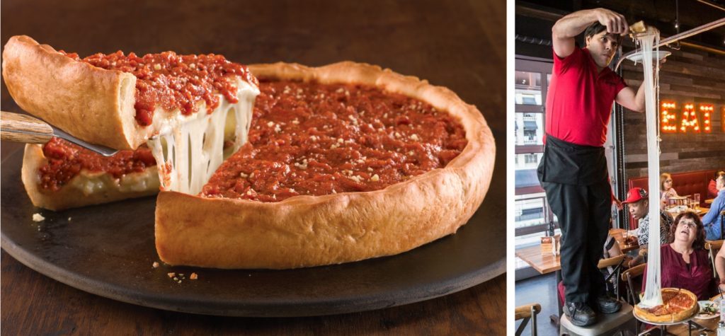 A picture of Giordano's signature Chicago style pizza pie and a picture of a "cheese pull" that is over 5 feet in length. 