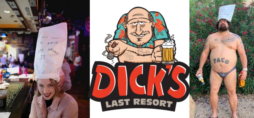 A collage of pictures of Dicks Las Resort Las Vegas. Including their logo, me wearing a paper hat and "Taco" the resident lap dancer wearing speedos!