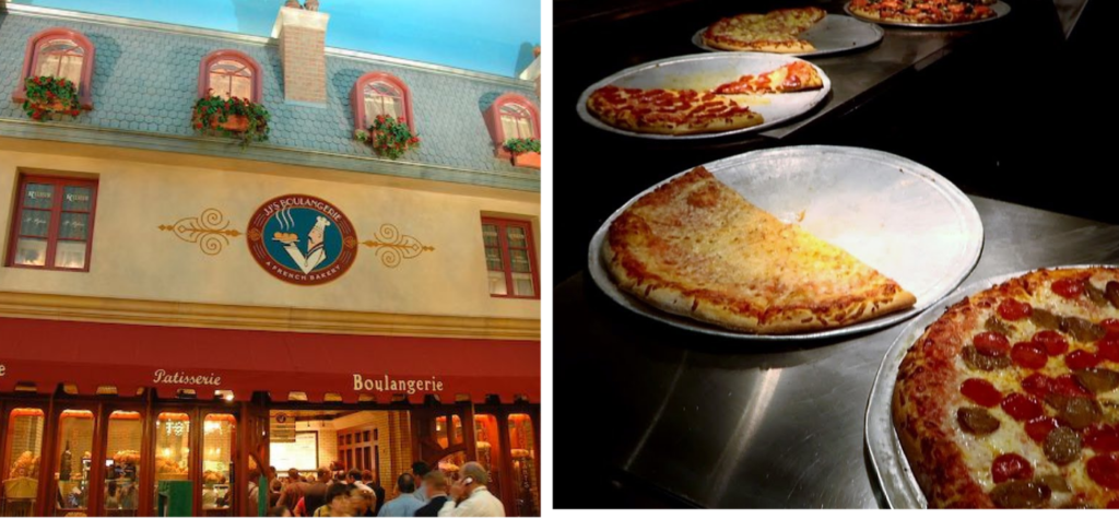 An external picture of JJ's Boulangerie and a picture of the pizza selection that is on offer.