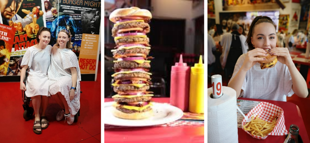 A collage of photos from the Heart Attack Grill in Downtown Las Vegas. Including a photo of their signature "octuple bypass burger" and a series of photos of our experience there donned in our hospital gowns!