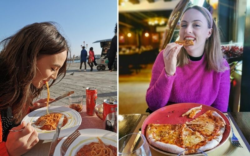 2 images of girls eating traditional Italian food in Venice