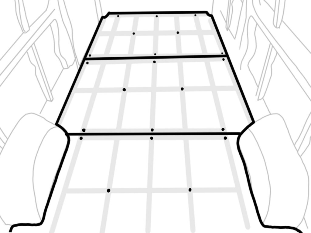 This diagram details where to screw the boards down when creating a van floor.