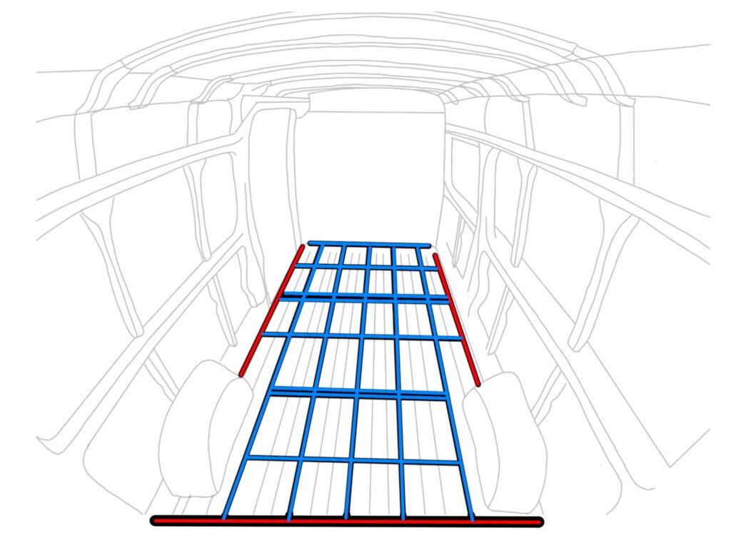 A diagram depicting what size battens should be used on the floor of the van | How to build a van floor