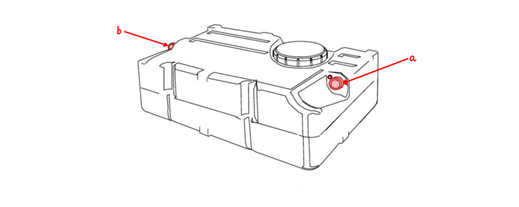 A diagram depicting where to drill holes in the water tank in order to attach the flexible fill up hose