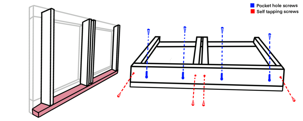A diagram showcases where to insert screws into the overhead cabinets base.