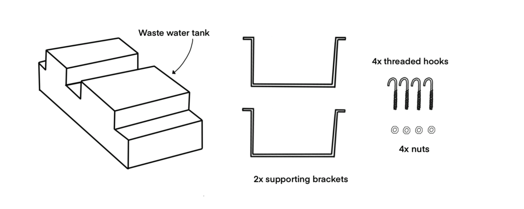 A series of diagrams depicting what you will get supplied with when purchasing an underslung grey water tank.