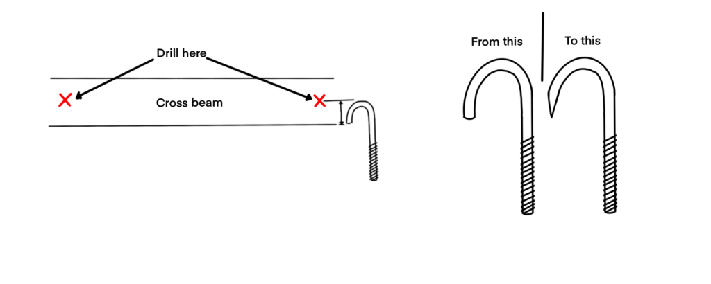 A diagram showing where to drill into the vans cross bream and how to file down the hooks to make them fit easier.