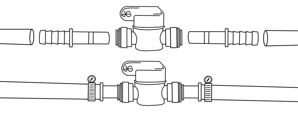 An exploded view and an assembled view of a shut of valve connected into a vans water system.