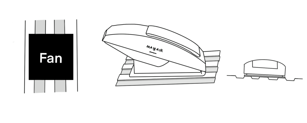 A diagram showcasing how the fan should be mounted of the roof of a van.
