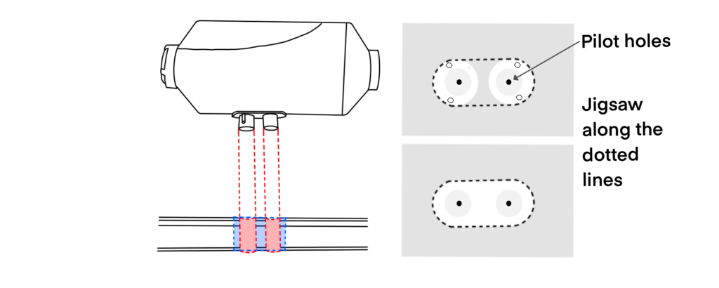 A diagram showcasing where to drill through the floor of the van when installing a Chinese diesel heater.