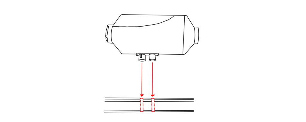 A diagram showing where to drill pilot holes into the floor of a van when installing a Chinese Diesel heater van