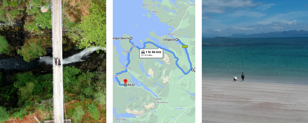 NC500 itinerary - 
Trio of images - Corrieshalloch Gorge waterfall, driving route, Mellon Udrigle beach.