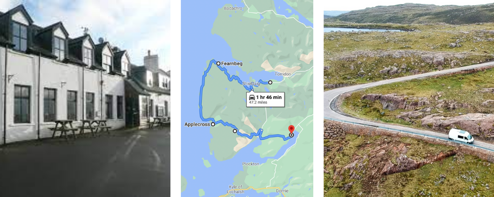 NC500 14 day itinerary -
Trio of images - Applecross Inn, driving route, Bealach Na Ba road.