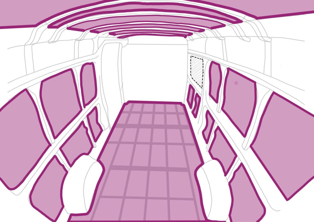 A diagram of where to insert rigid board insulation when converting a panel van into a self build camper van | Insulating a Van