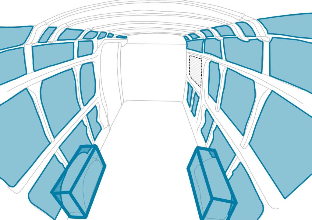 Diagram of where to insulate the inside of a panel van using loose fill insulation. 