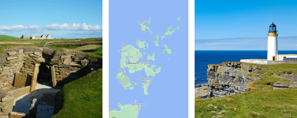 NC500 14 day itinerary - Day 4
Trio of images - Orkney Skara Brae , map of Orkney , Orkney lighthouse.