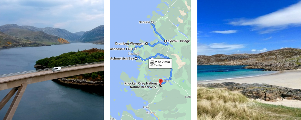 NC500 14 day itinerary - Day 9
Trio of images - Kylesku bridge , driving route , beautiful beach (Achmelvich).