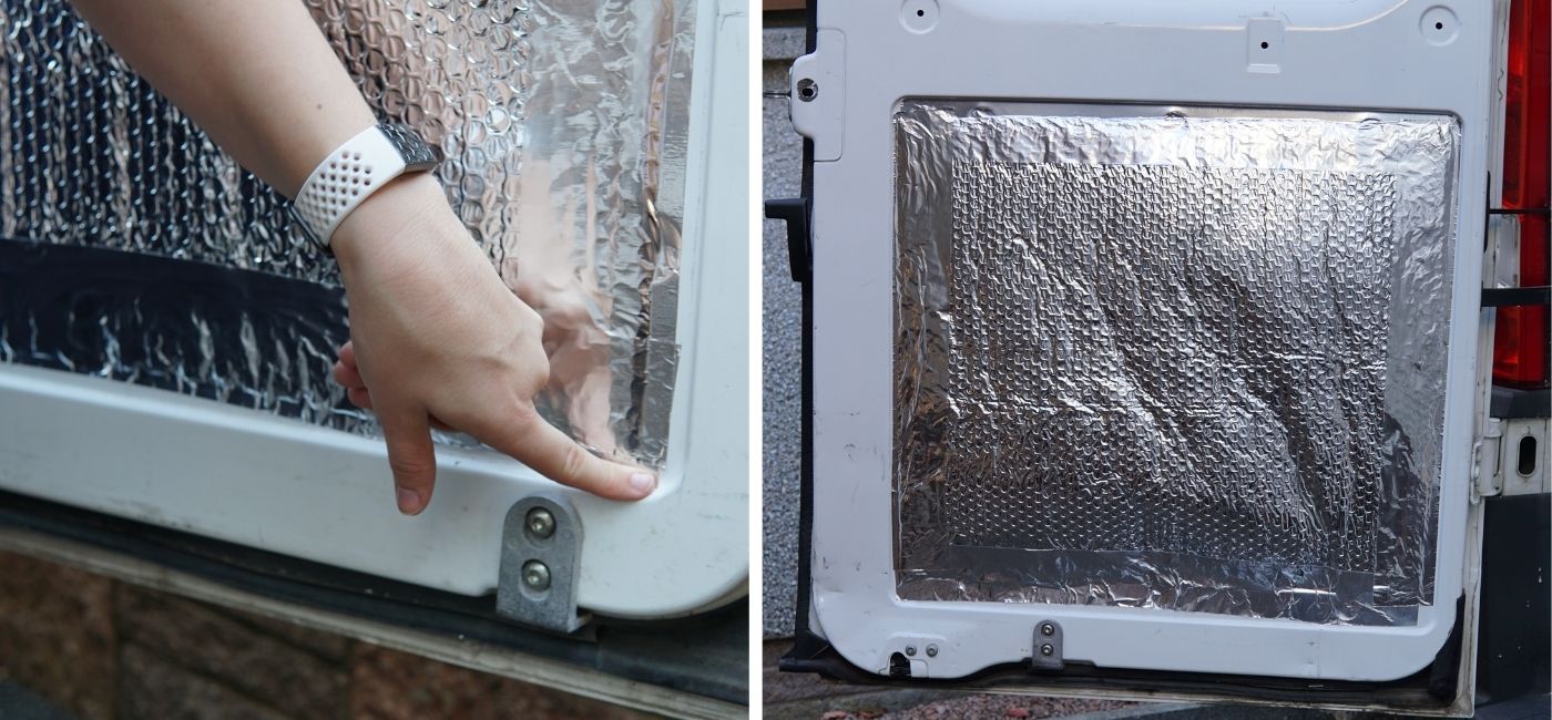 Image collage of thermal foil insulation in situ in a self build camper van. In the images it it being used primarily as a vapour barrier as there is loose fill insulation behind it.