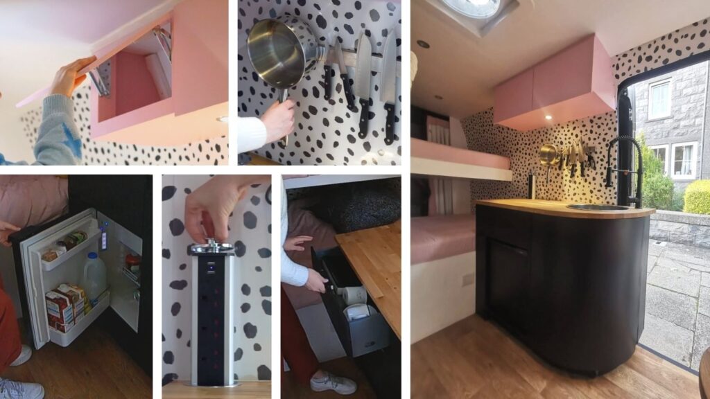 collage of images showing all the different parts of our campervan kitchen layout