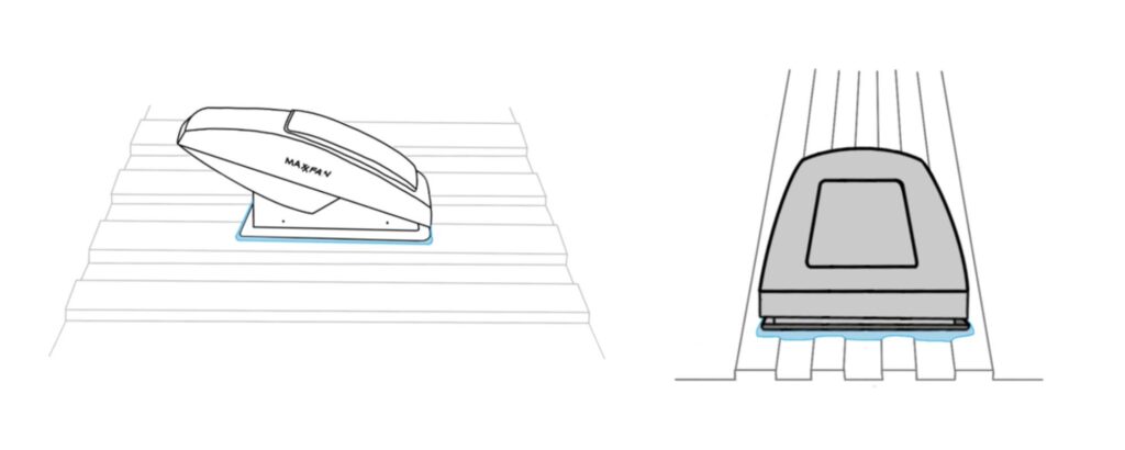 A diagram depicting how the fan should look once installed on the roof of a van. It particularly references how much sealant is used and how it is applied in the grooves of the roof of the van when you install a Maxxair fan.