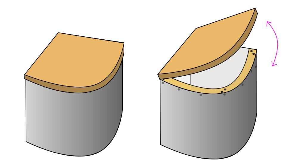 Image of a DIY curved storage solution to built in a campervan. It is a designed to be used as a coffee table and miscellaneous storage underneath.
