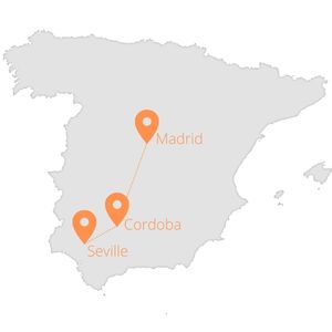 A map showing Cordobas proximity to  Madrid and Seville. 