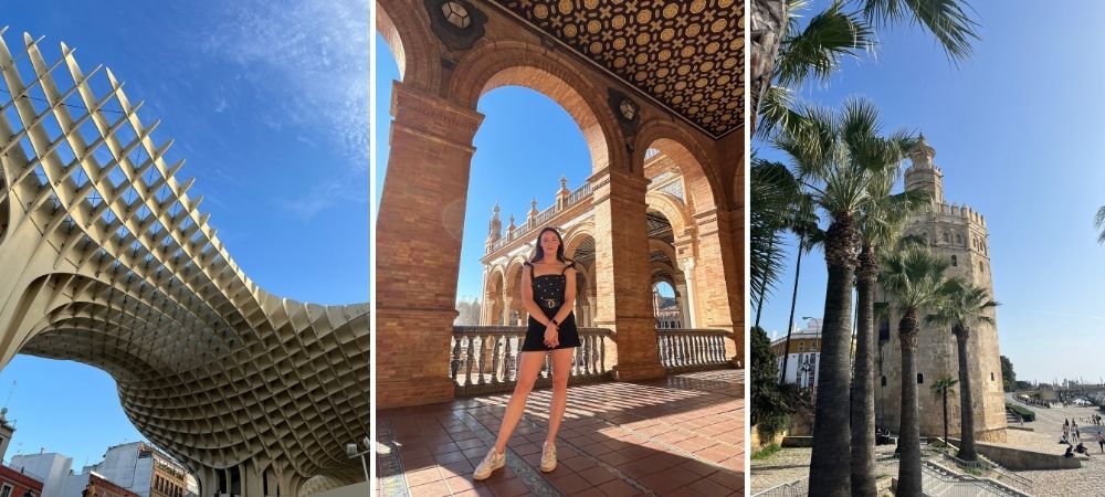 A collage of images from Seville, including the plaza de Espana and other landmarks. This is the first stop on our impressive road trip of Andalusia