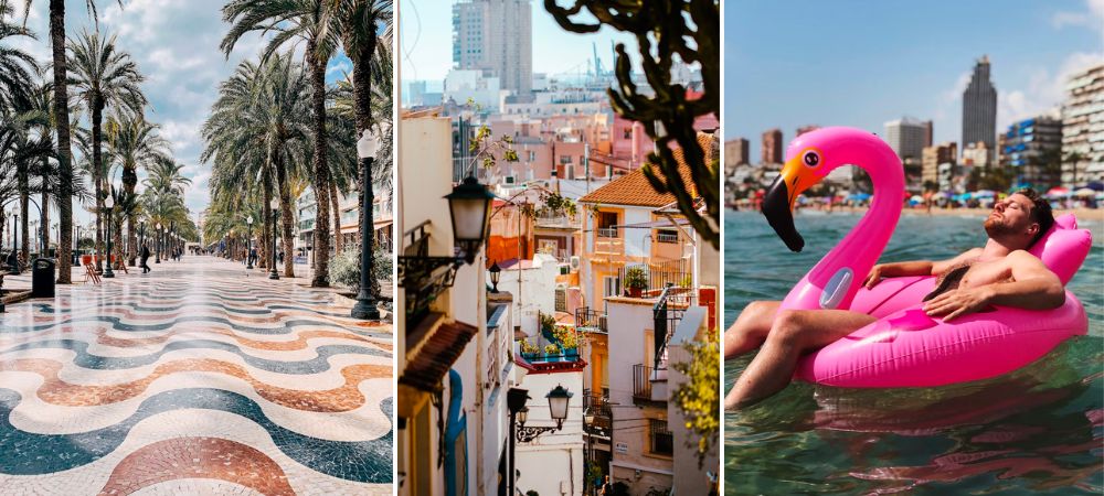 A collage of images of Alicante, including the stunning tightly packed house, and pristine promenade, and even a man bobbing around in the Sea on a pink inflatable blow up floatie.