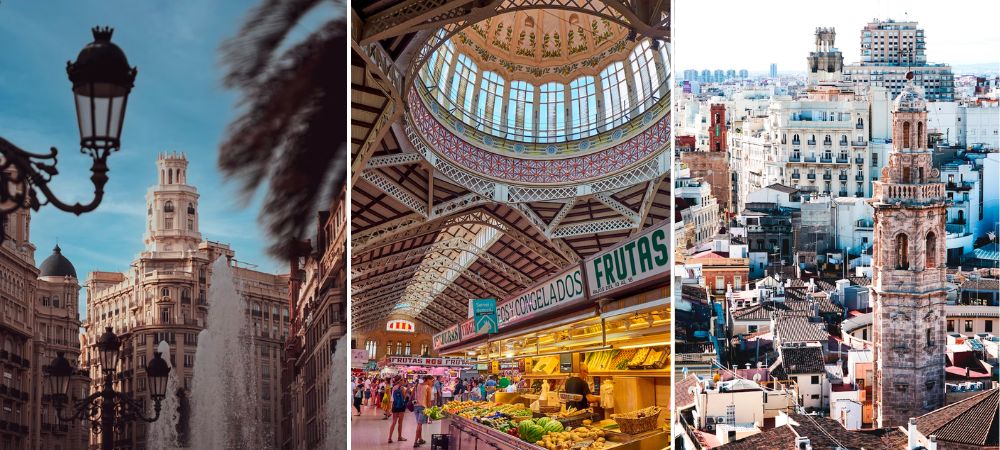 A collage of images of Valenica, including the famed food market and the city centre. A prefect destination when doing a road trip in Spain.