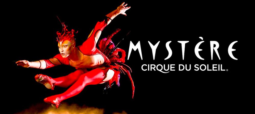 The official banner for Mystère. The best Cirque du Soleil show in Las Vegas.