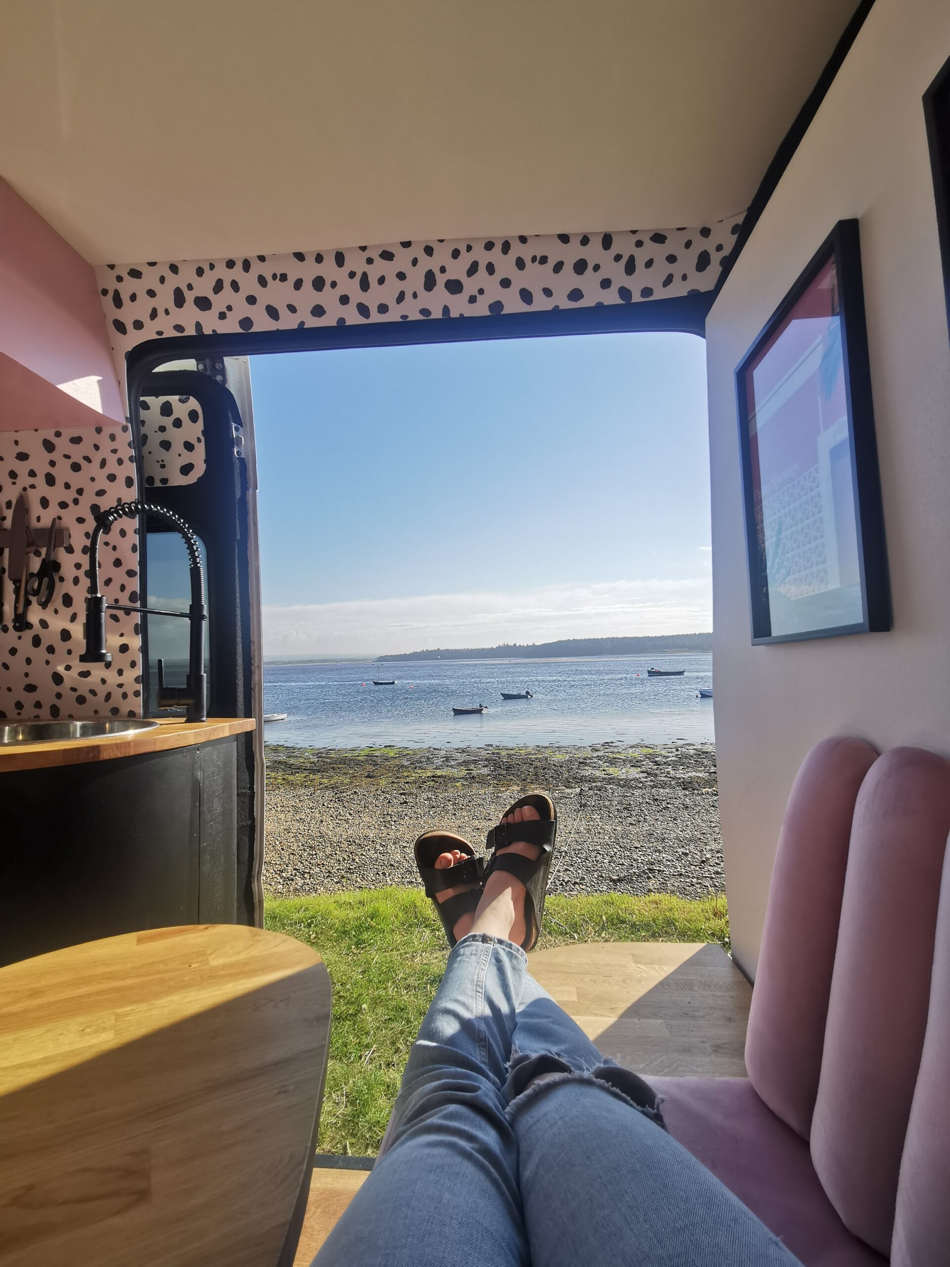 A view from the location we chose to park in Findhorn. The image is from inside the van looking out over Findhorn Bay.