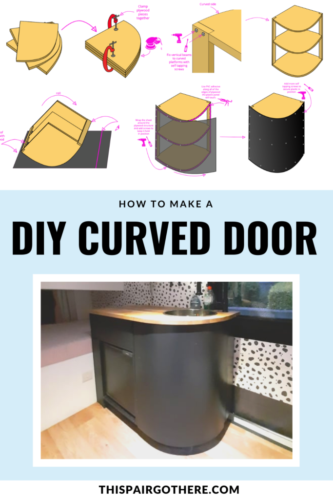 Finding a curved cupboard door to perfectly fit your cabinet layout can be tricky, not to mention expensive! This guide takes you through a step-by-step guide showing you how to make a curved cupboard door. The door is completely customisable to fit your cabinet perfectly! Includes clear diagrams and a cost breakdown of the project. #vanbuild #diycurveddoor #diyvanbuild #curveddoor #cabinetdoors | curved cabinet doors | curved cabinet design | curved door design | curved door ideas |