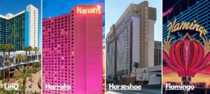 A collage of all the cheap hotels in las vegas central strip Includes: Harrahs, LinQ, Flamingo, and the Horseshoe