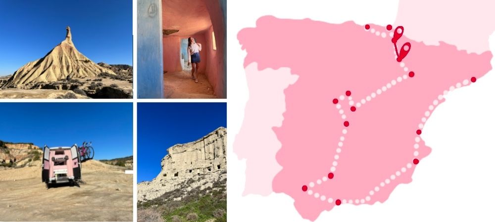 A collage of images of Bardenas Reales, including a map showing the route taken on this road trip of Spain from the previous destination of Pamplona.