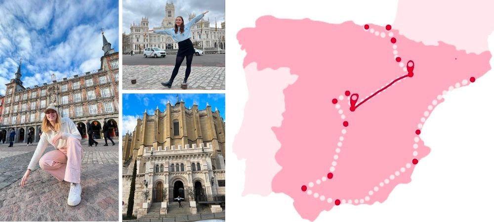 A collage of images of Madrid, including a map showing the route taken on this road trip of Spain from the previous destination of Zaragoza.