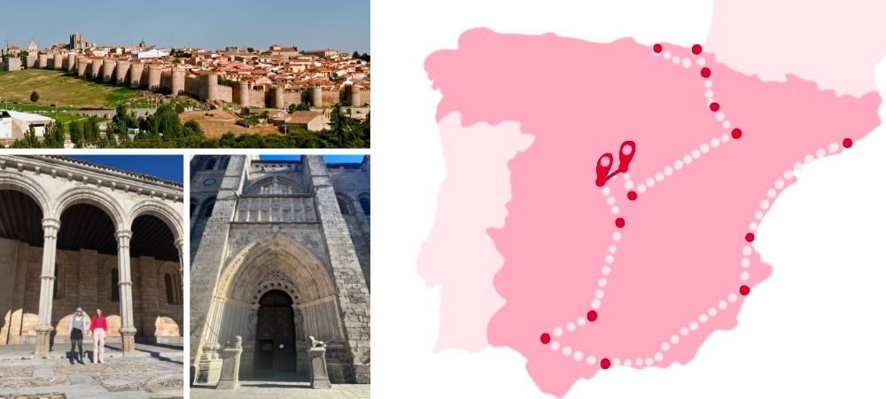 A collage of images of Àvila, including a map showing the route taken on this road trip of Spain from the previous destination of Segovia.