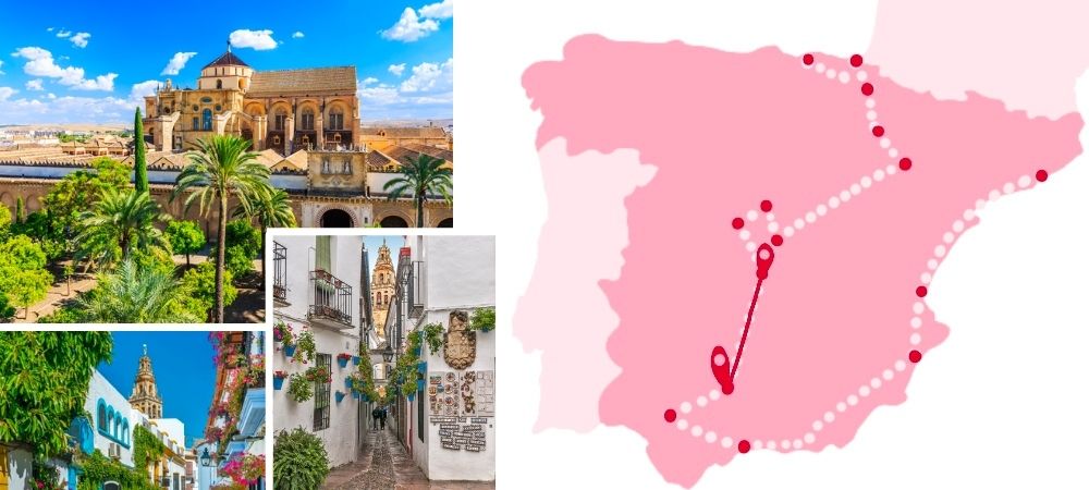 A collage of images of Cordoba, including a map showing the route taken on this road trip of Spain from the previous destination of Toledo.