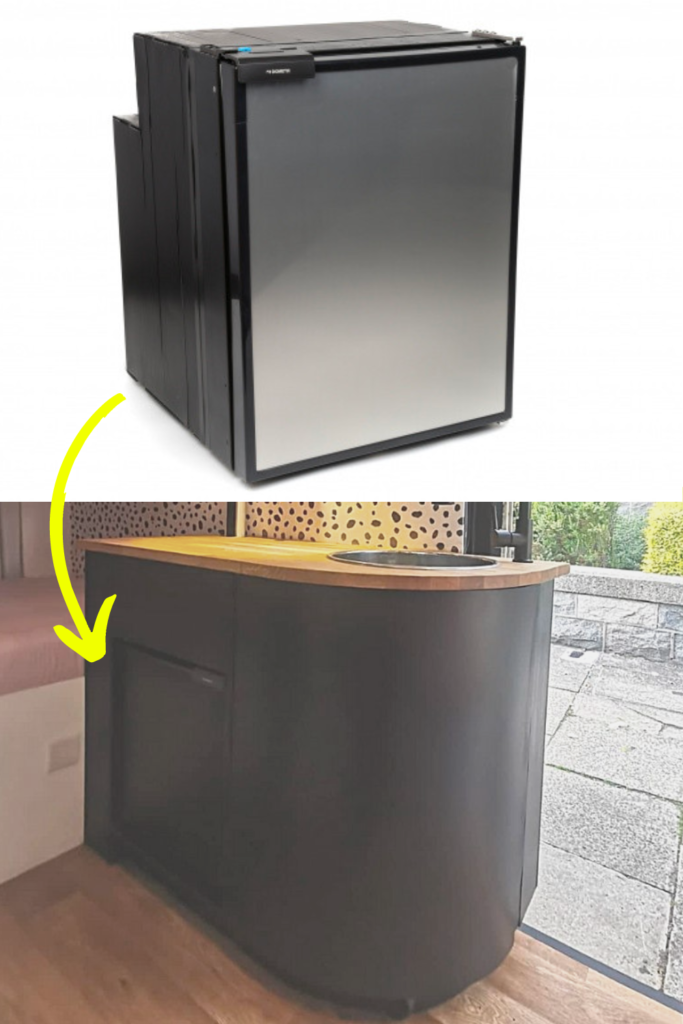 Image of a 12v fridge on top, and an image of the same fridge in situ below. A fridge with a freezer compartment is one of our summer van life essentials.