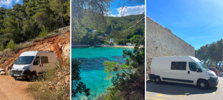 collage of images of two spots to wild camp in Hvar, as well as a stunning aqua blue bay/