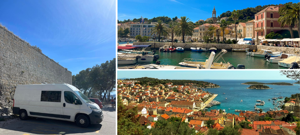 Collage of images from Hvar old town. Including the fortress and the best place to wild camp in Hvar