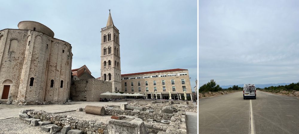 A collage of images. One image is of the old town of Zadar and the other a nearby wild camping spot.