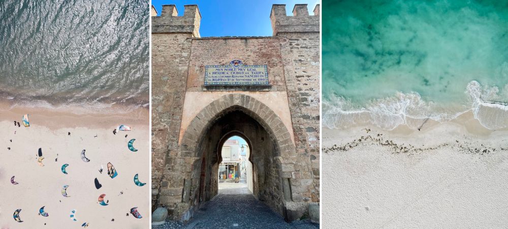 A collage of arial image of the beach at Tarifa. One image has a flock of kite surfer in it. The final image is of the old gate into the old town of Tarifa