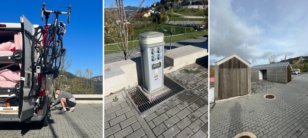 A complete overview of the facilities at this place to park overnight near Porto. Image collage of the toilet block, electricity point, ect.